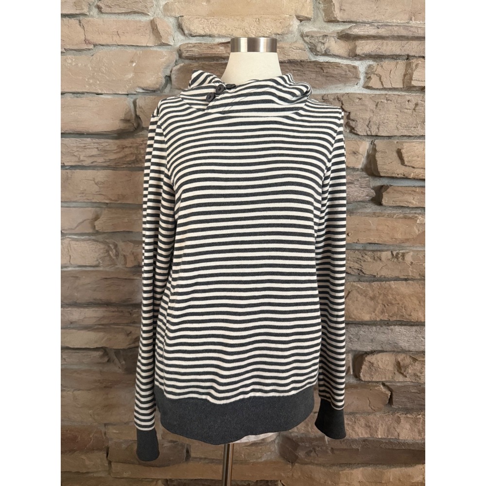 BKE Womens Striped Button Cowl Neck Hoodie Charcoal Cream French Terry Size M